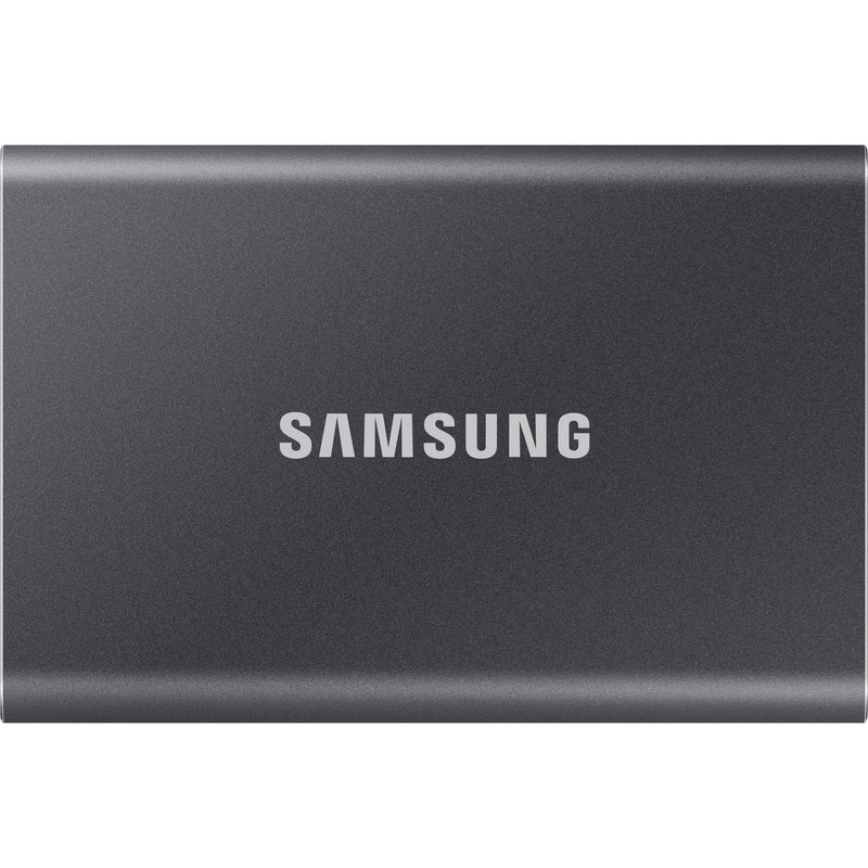 Close-up view of Samsung T7 SSD surface texture and branding