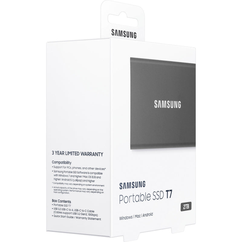 Samsung T7 SSD retail box showing specifications and contents