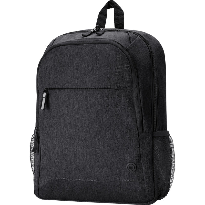 Front view of HP Prelude Pro black backpack showing main compartment and front pocket design