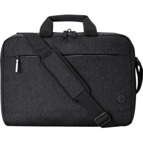 Black HP Prelude Pro Recycled Topload laptop bag with adjustable shoulder strap and front organizational pocket