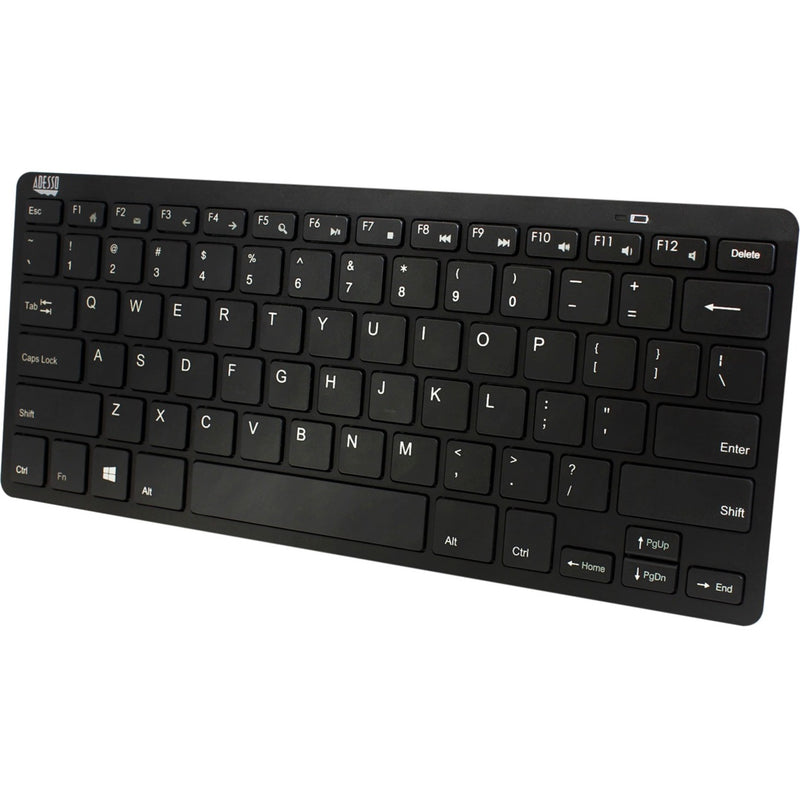 Front view of Adesso WKB-1100BB black wireless keyboard showing full QWERTY layout