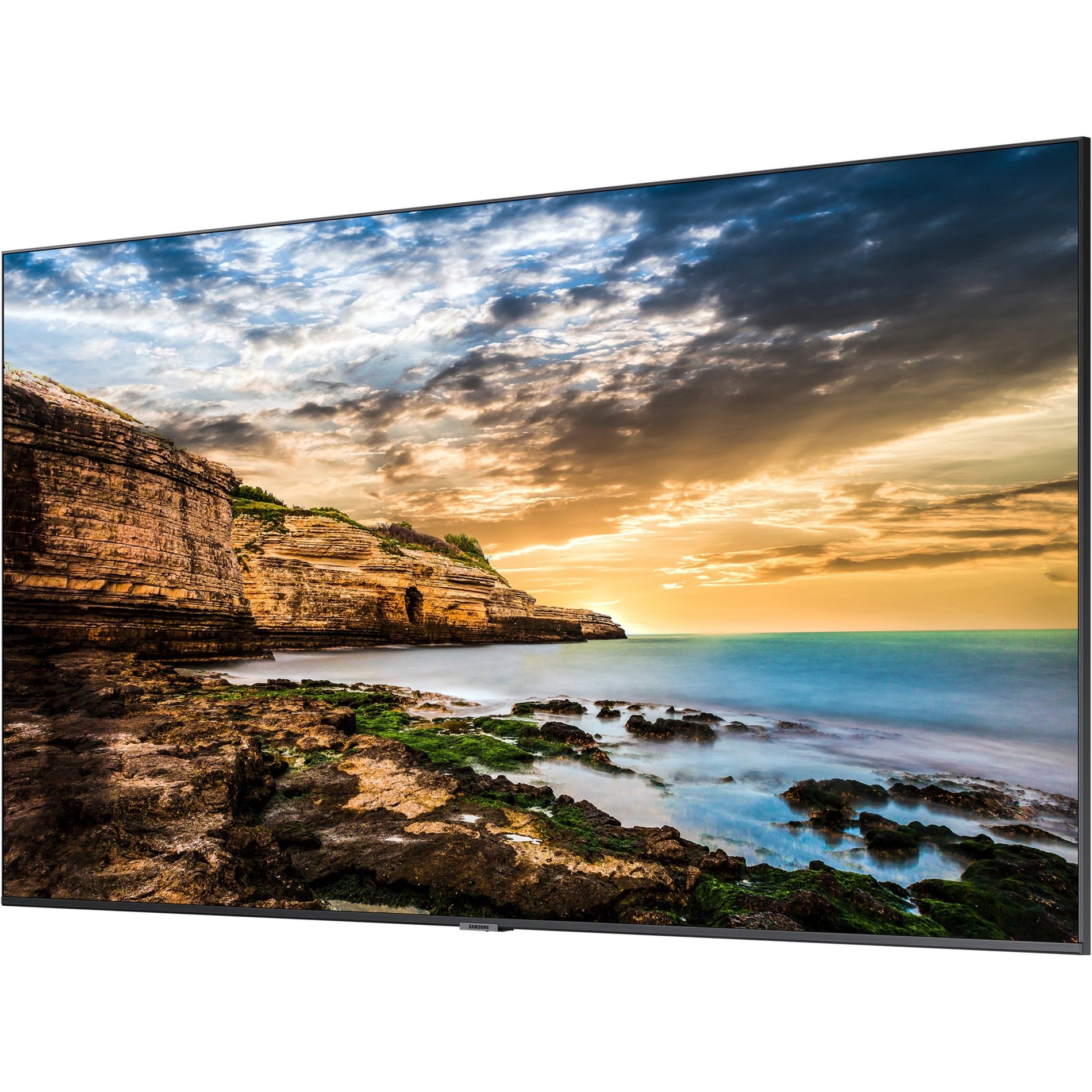 Samsung QE75T digital signage displaying a dramatic coastal landscape with rocky cliffs and ocean at sunset-alternate-image1