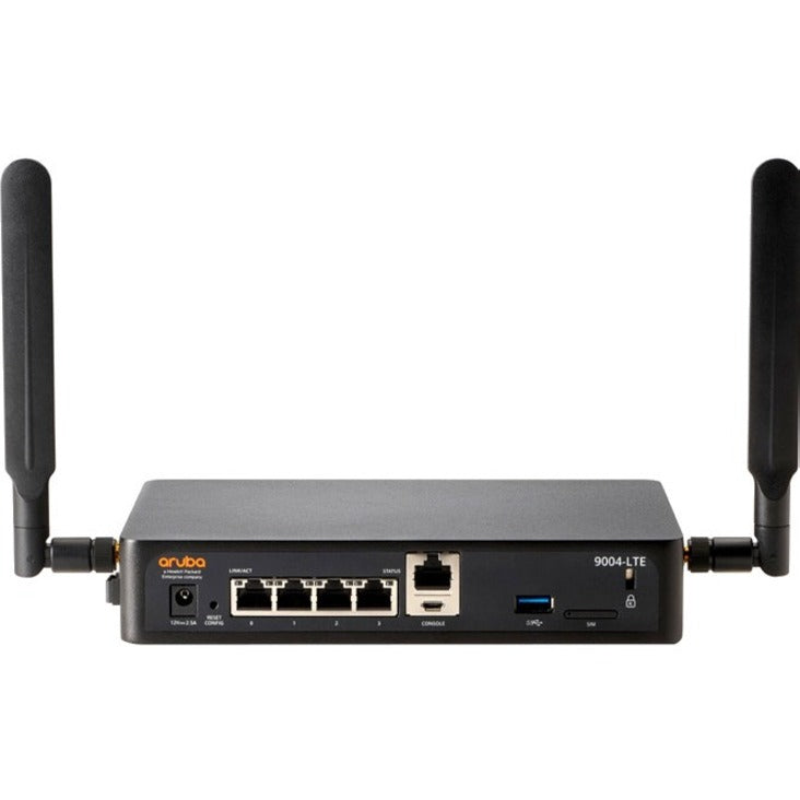 Front view of Aruba 9004-LTE gateway showing four Ethernet ports, USB port, and dual LTE antennas-alternate-image1