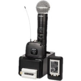 Shure SLXD24/SM58-H55 wireless microphone system showing handheld transmitter with charging dock and digital receiver display-alternate-image1