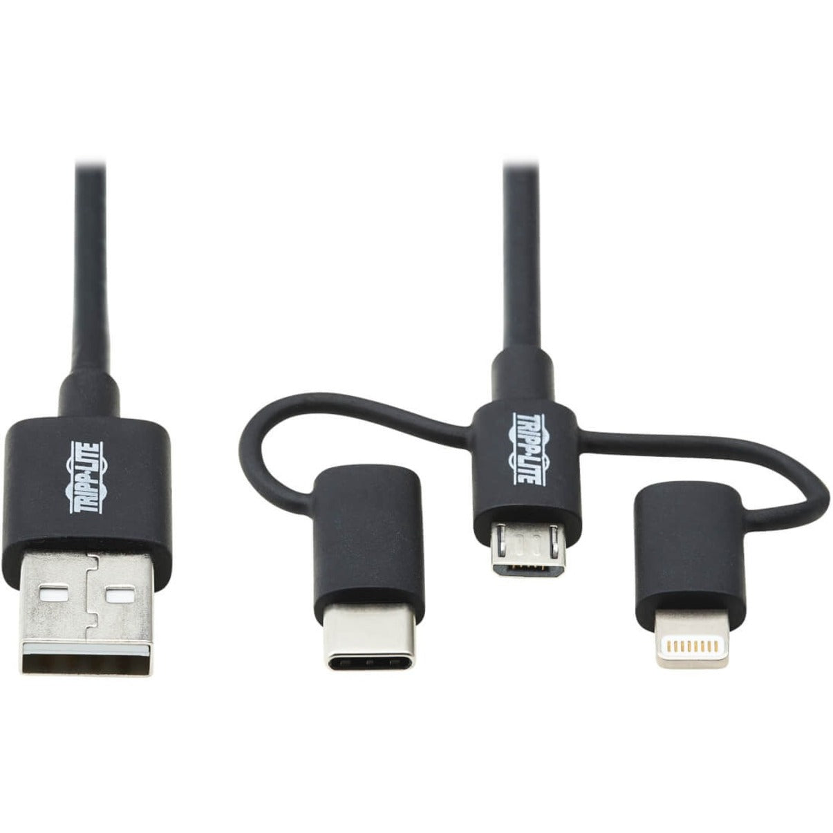 كابل مزامنة/شحن من USB-A إلى Lightning وUSB Micro-B وUSB-C من تريب لايت M101-006-LMC-BK، أسود، 6 أقدام.