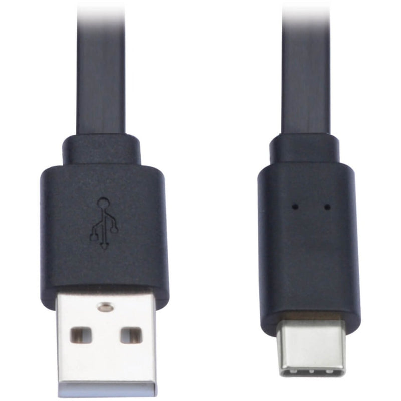 Close-up view of USB-A and USB-C connectors with gold-plated contacts on Tripp Lite flat cable