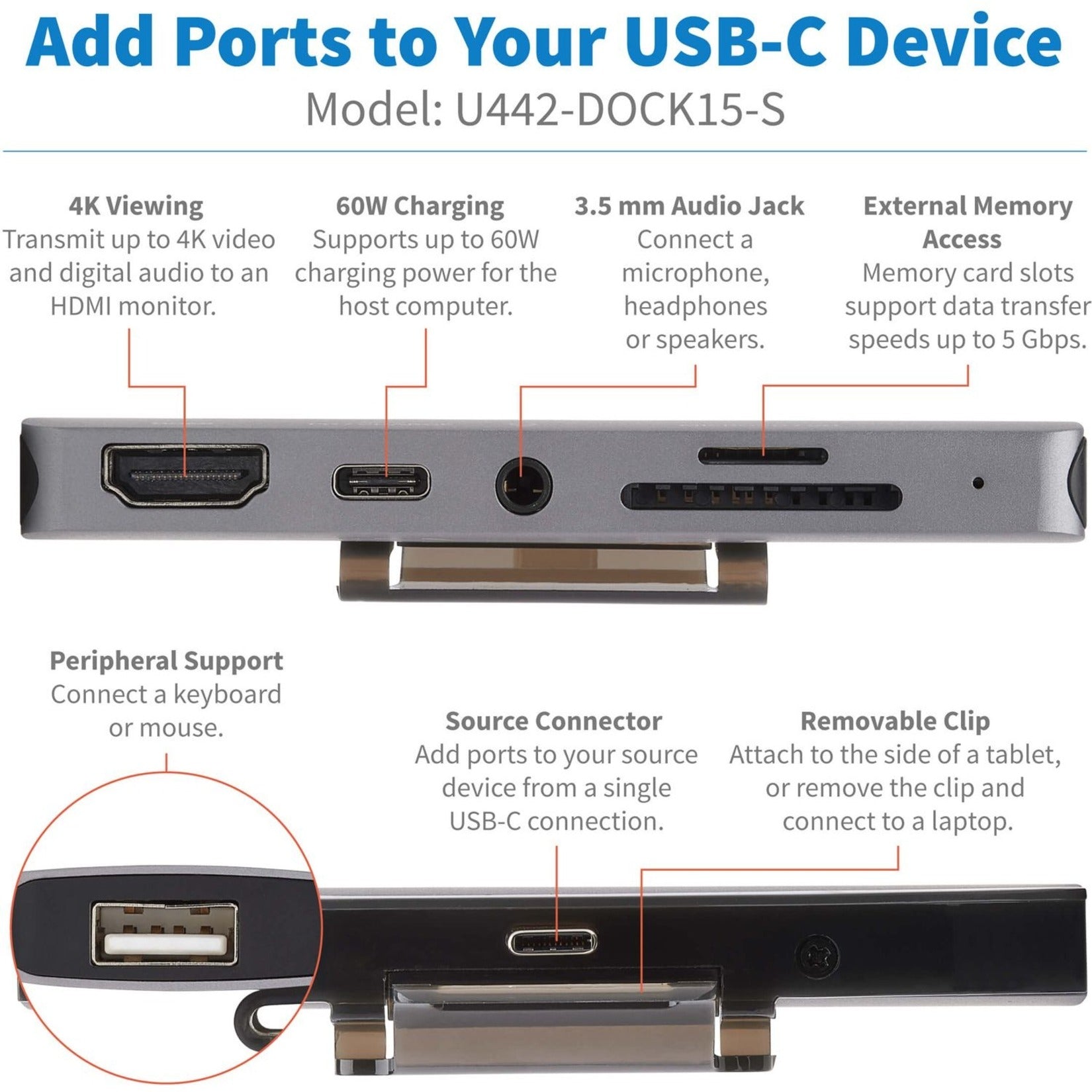 Detailed port diagram of U442-DOCK15-S showing HDMI, USB-C, audio, and memory card connections-alternate-image2