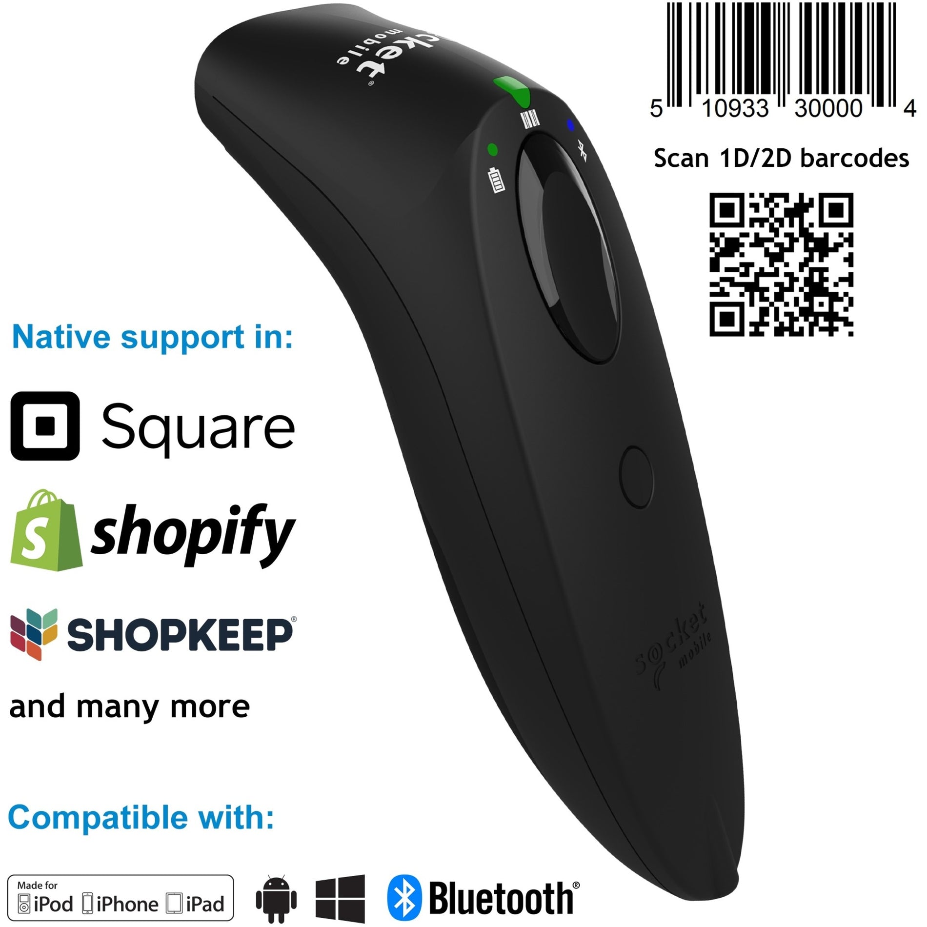 Socket Mobile S740 barcode scanner showing native platform support with Square, Shopify, and Shopkeep logos, plus 1D/2D barcode scanning capabilities-alternate-image1