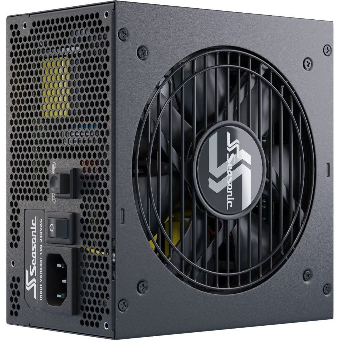 Front view of Seasonic FOCUS GX-650 power supply showing ventilated front panel and FDB cooling fan-alternate-image1