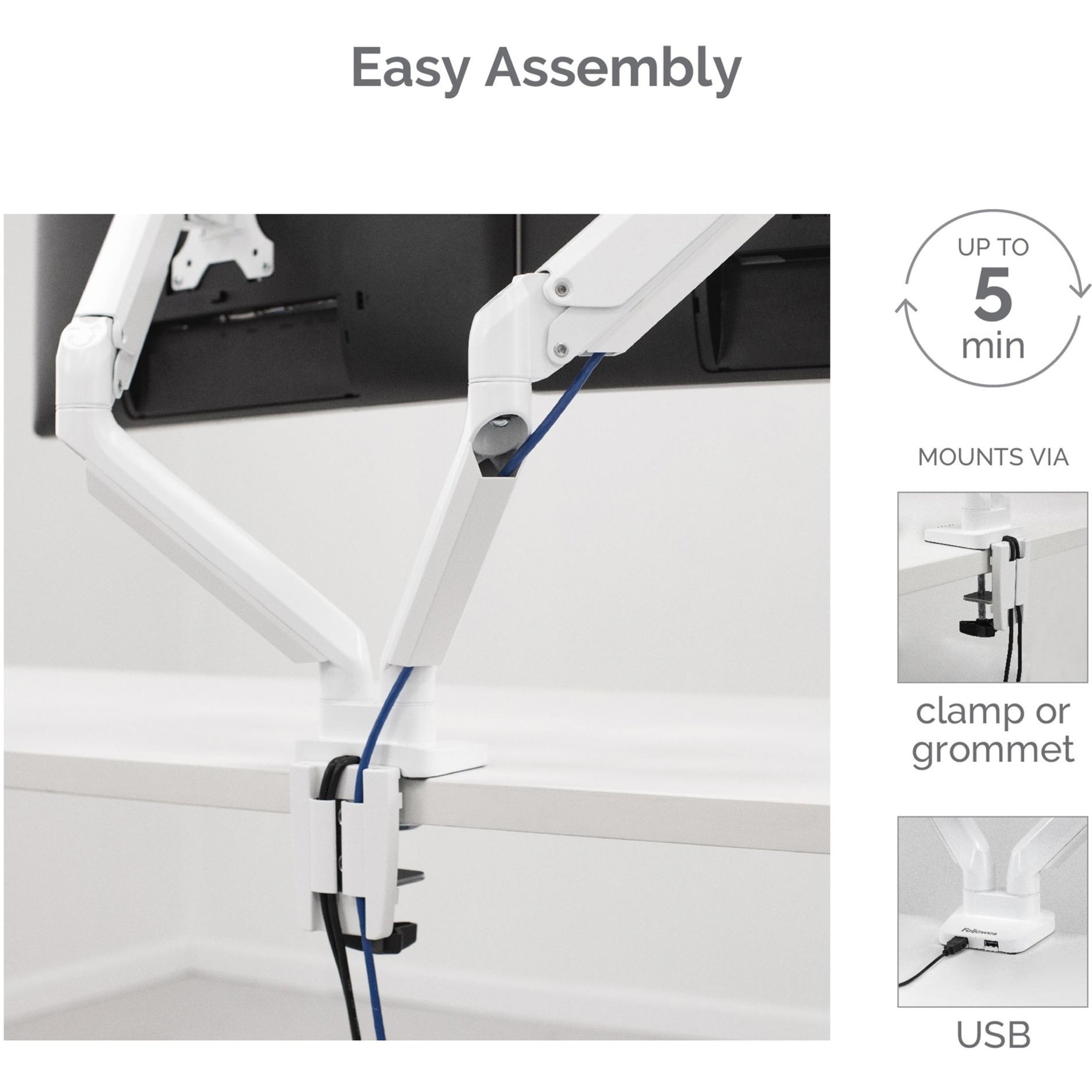 Fellowes 8056301 Platinum Mounting Arm, Dual Monitor Arm - White, Supports 2 Monitors up to 27" and 40 lb