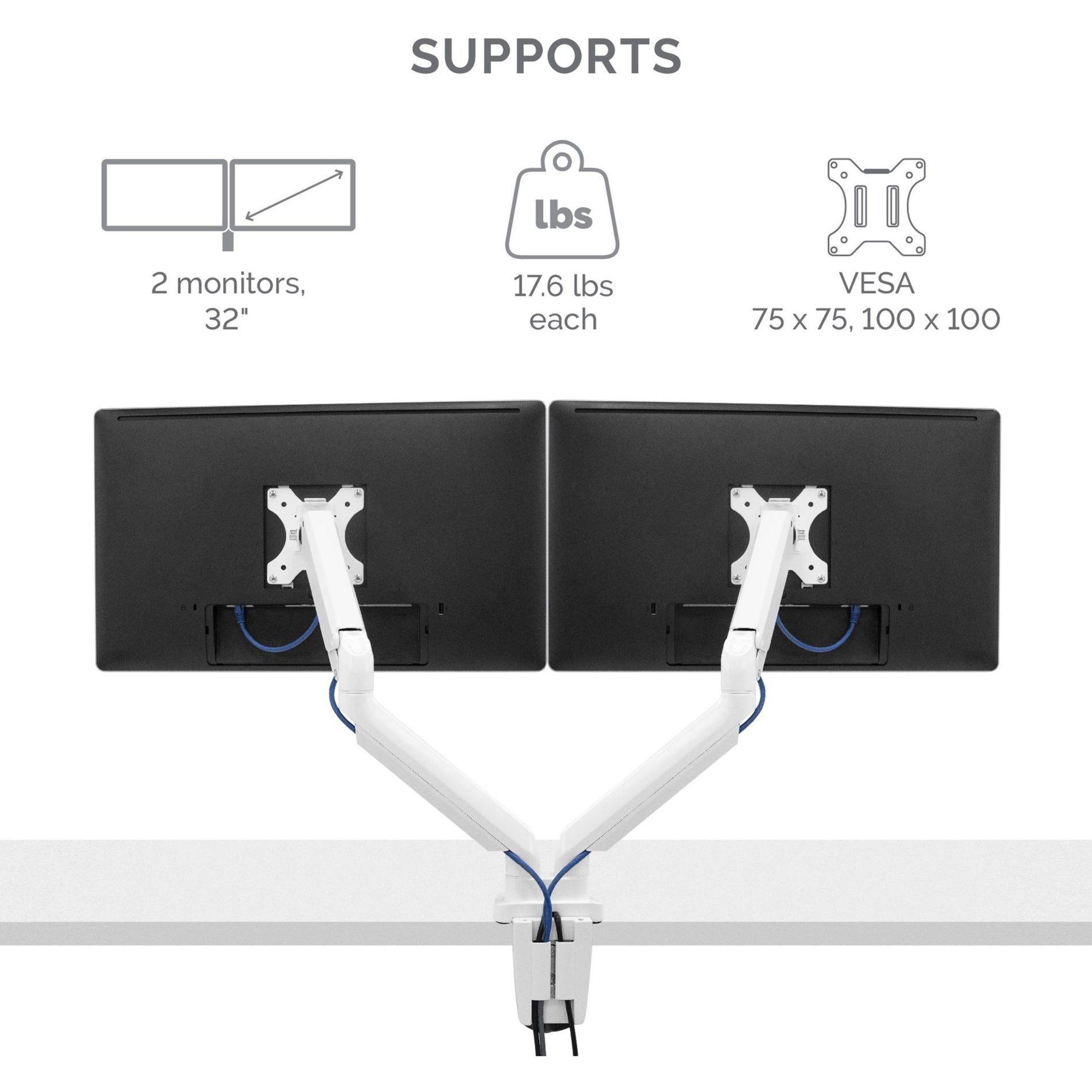 Fellowes 8056301 Platinum Mounting Arm, Dual Monitor Arm - White, Supports 2 Monitors up to 27" and 40 lb