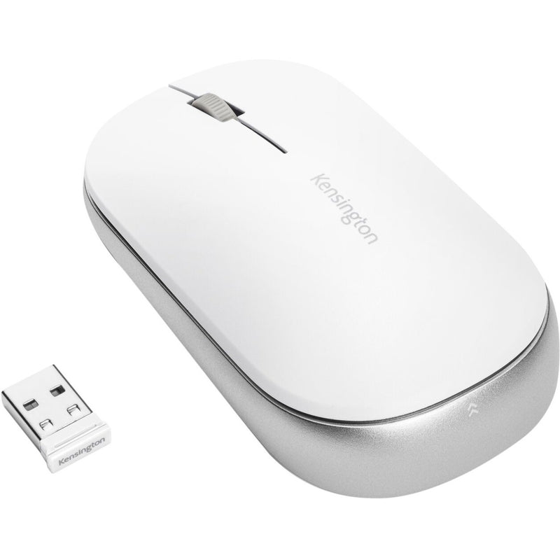 White Kensington SureTrack wireless mouse with USB nano dongle against white background