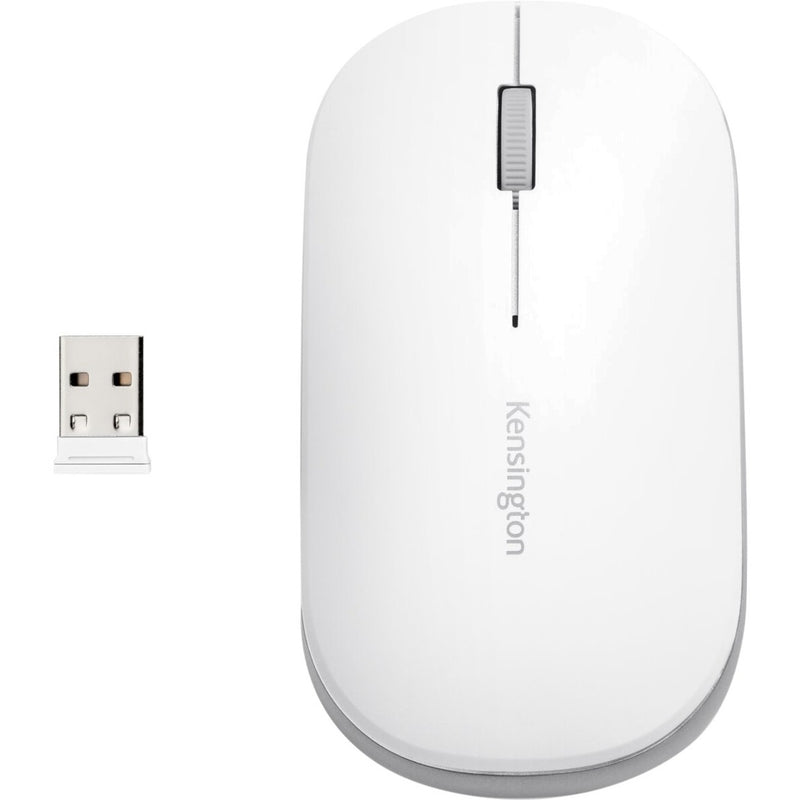 Side view of white Kensington SureTrack mouse with USB nano receiver