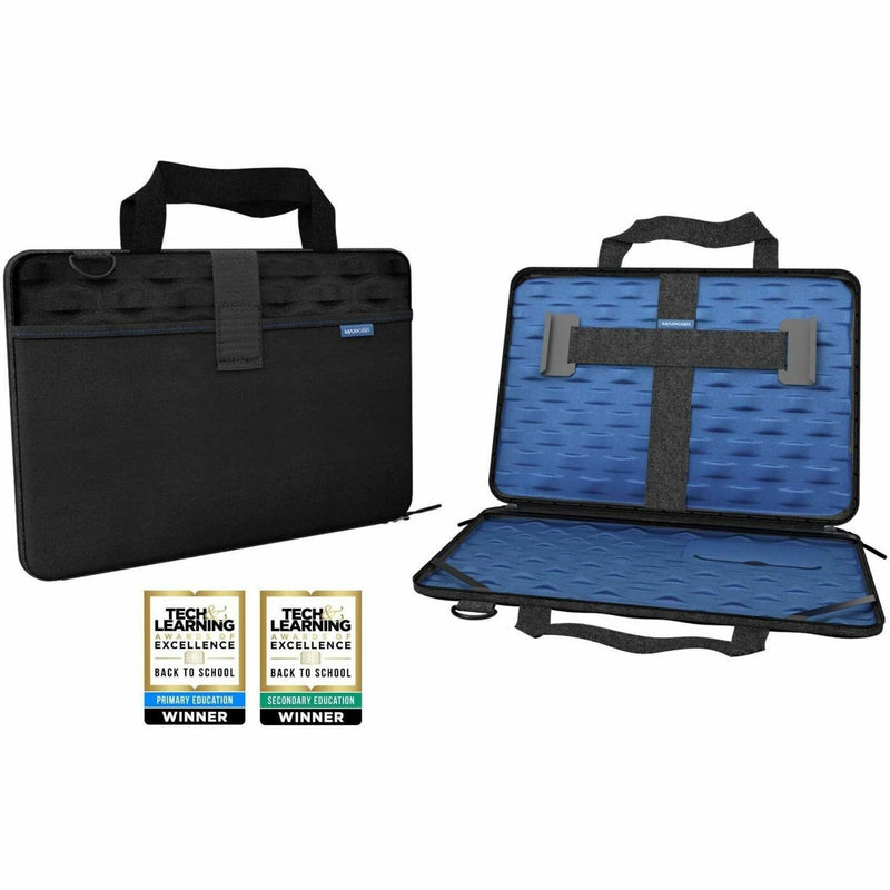 MAXCases Explorer 4 laptop case showing exterior and interior views with Tech & Learning Excellence awards