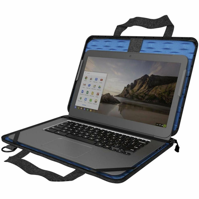 Front view of Explorer 4 case with Chromebook secured inside showing retention system