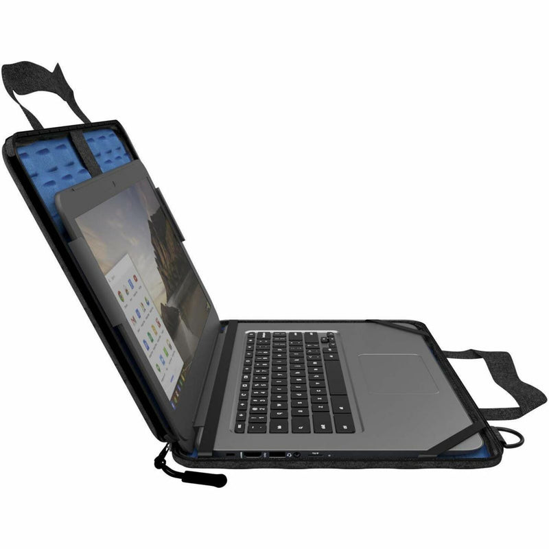 Side view of Explorer 4 case showing laptop in working position with secure straps