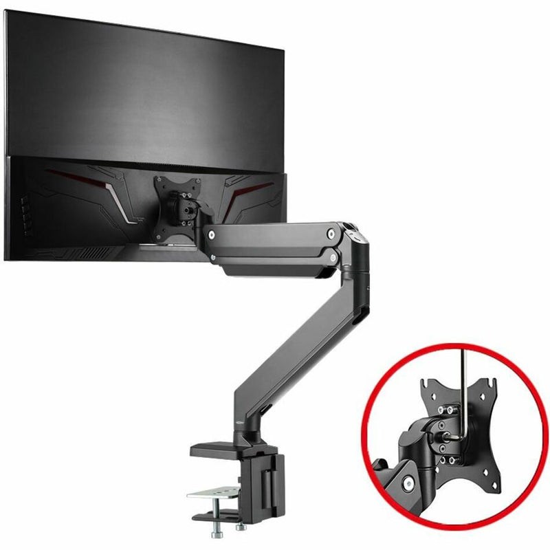 Monitor arm demonstrating full range of motion with rotation capability and desk clamp mount