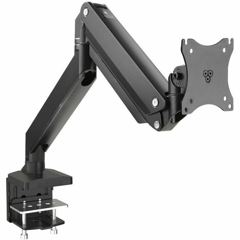 Black gas spring monitor mount with dual articulating arm and VESA plate mounting system