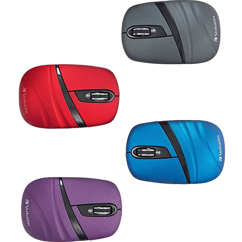 Collection of Verbatim Wireless Mini Travel Mouse in different colors - graphite, red, blue, and purple