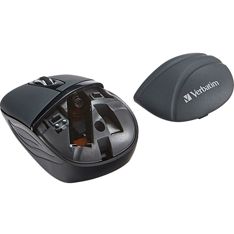 Internal view of Verbatim Wireless Mini Travel Mouse showing battery compartment and nano receiver storage