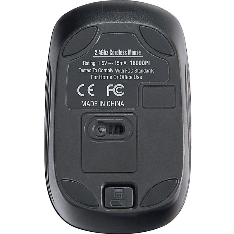 Bottom view of Verbatim Wireless Mini Travel Mouse showing technical specifications and certifications