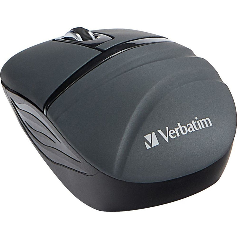 Side view of Verbatim Wireless Mini Travel Mouse in graphite color showing ergonomic design