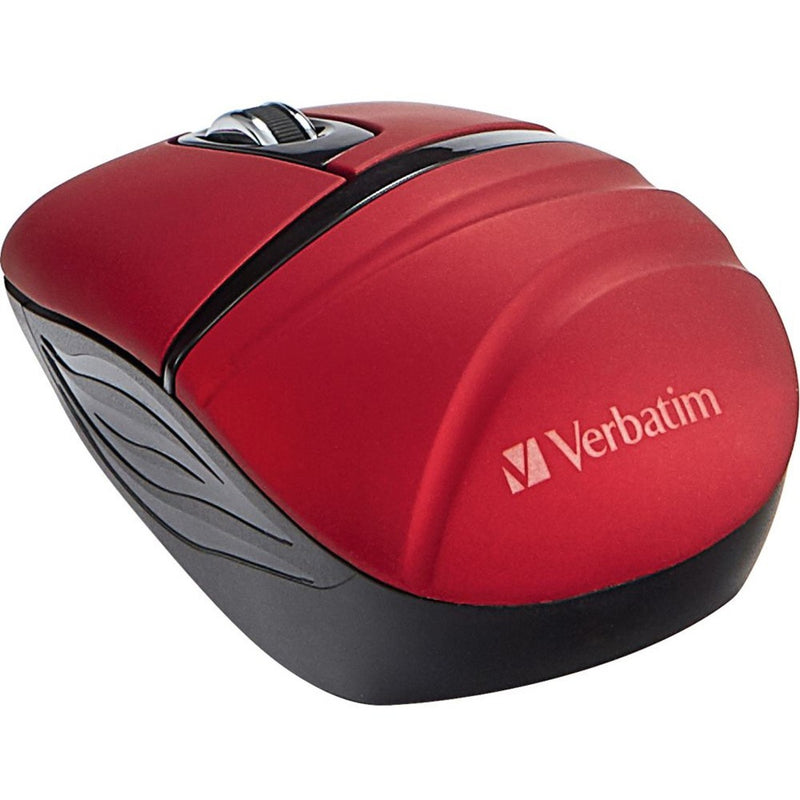 Red Verbatim wireless mini travel mouse showing ergonomic design with black accents and scroll wheel