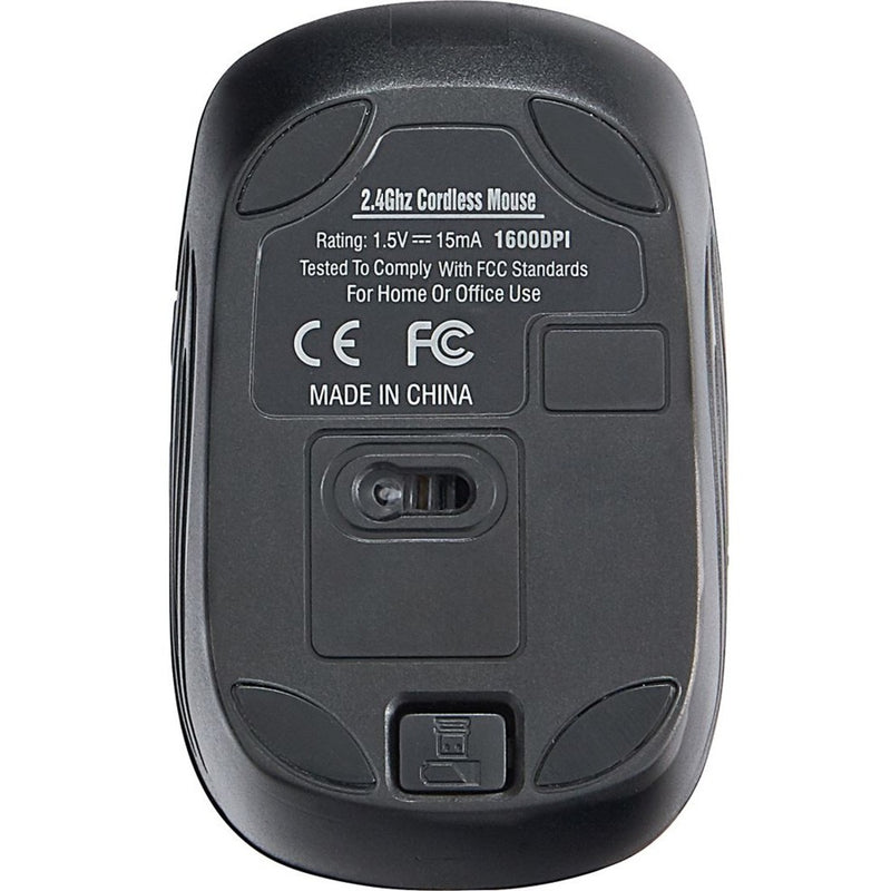 Bottom view of Verbatim wireless mouse showing technical specifications and certifications