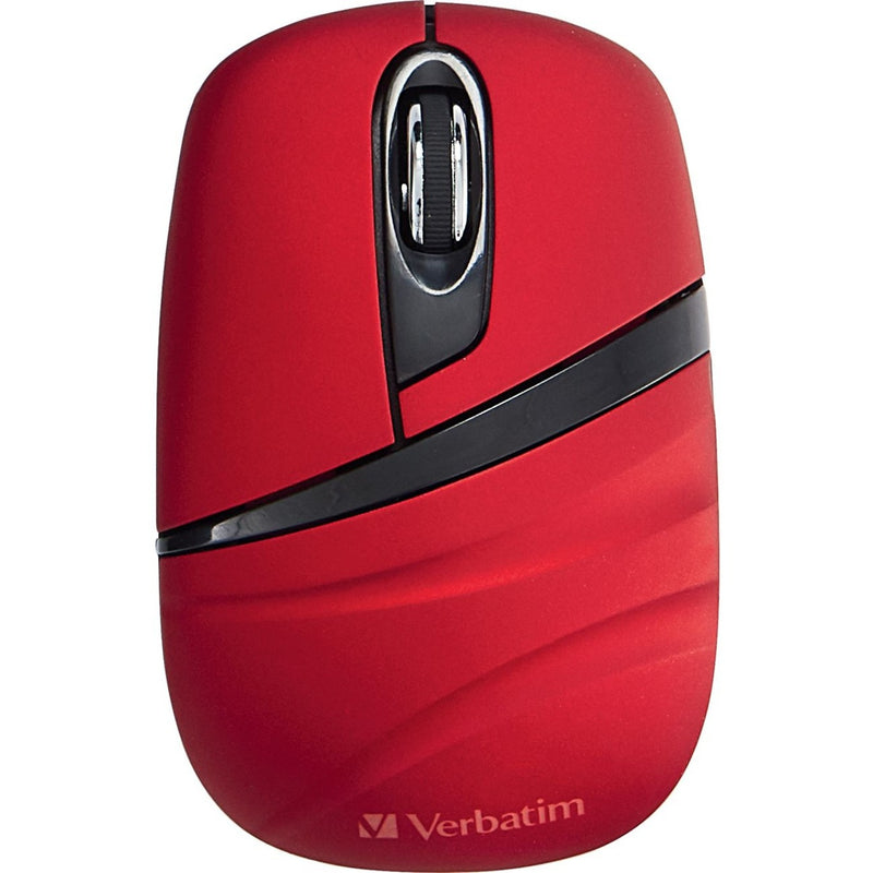 Top view of red Verbatim wireless mini mouse showing streamlined design and scroll wheel