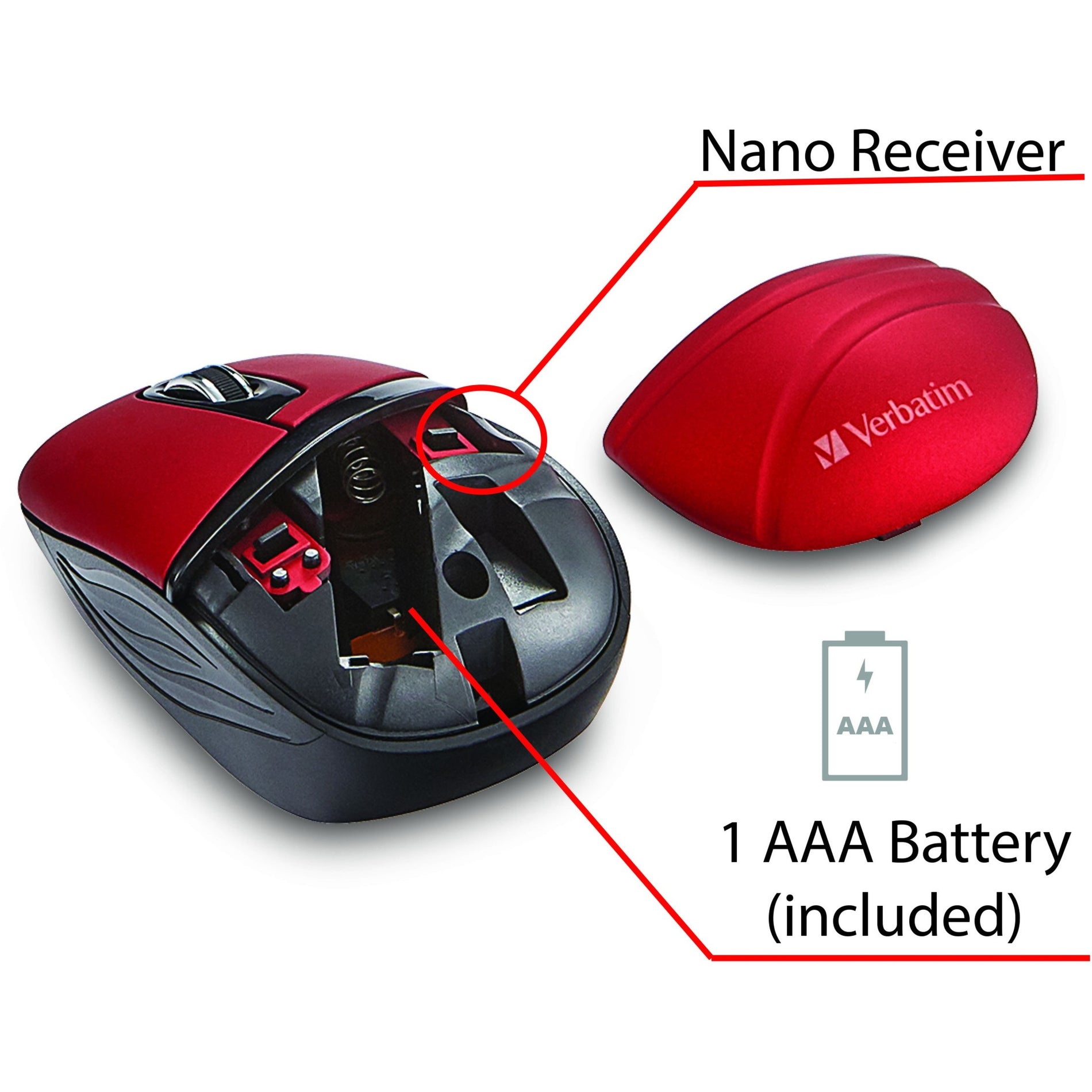 Detailed view of Verbatim wireless mouse showing nano receiver storage and battery compartment with labels-alternate-image7