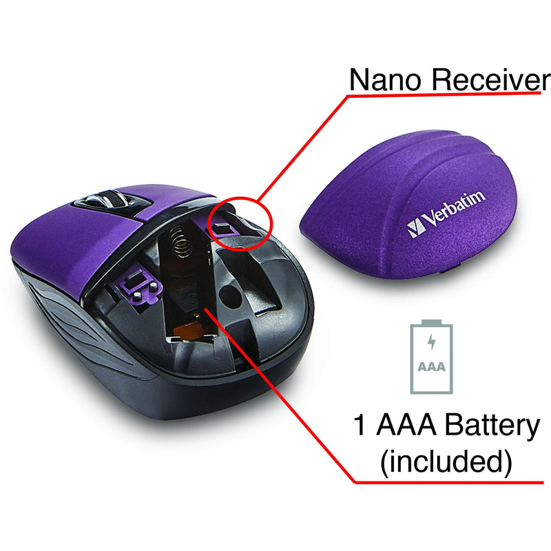 Detailed view of Verbatim wireless mouse showing nano receiver storage and battery compartment with labels