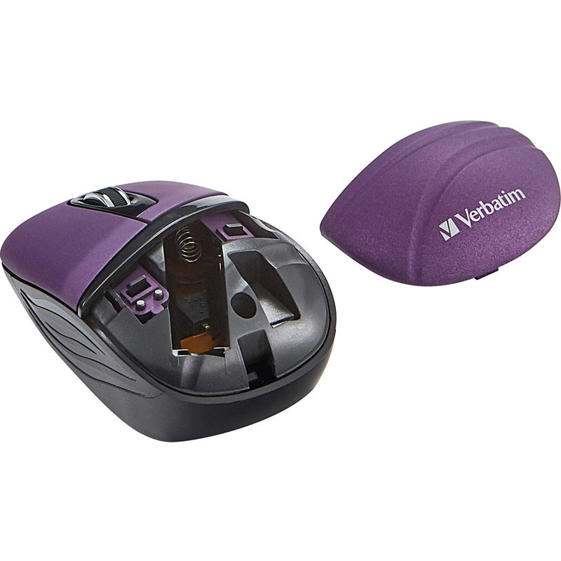 Verbatim wireless mouse with open battery compartment showing internal components