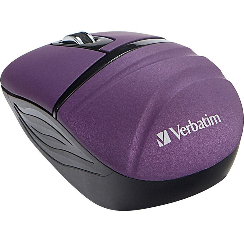 Purple Verbatim wireless mini travel mouse showing ergonomic design with scroll wheel