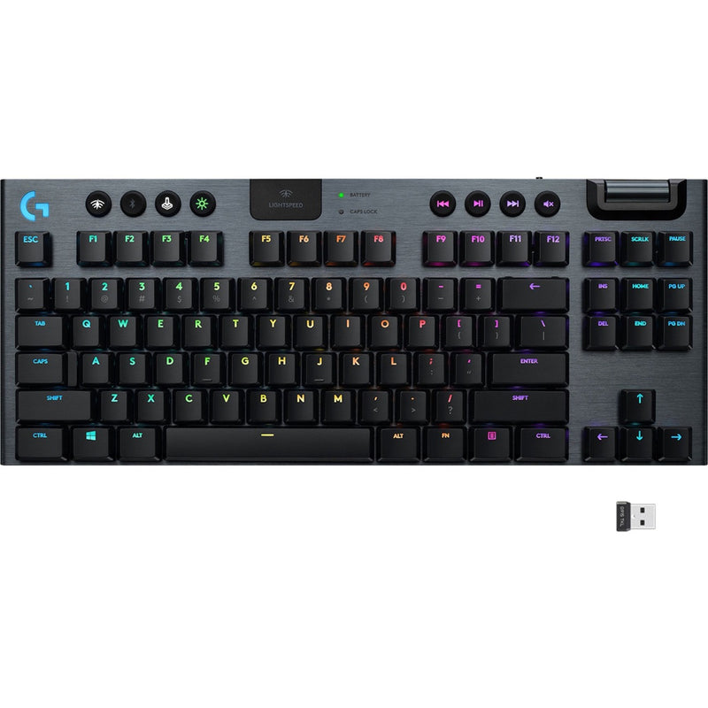 Logitech G915 TKL wireless gaming keyboard with RGB backlit keys and brushed aluminum finish