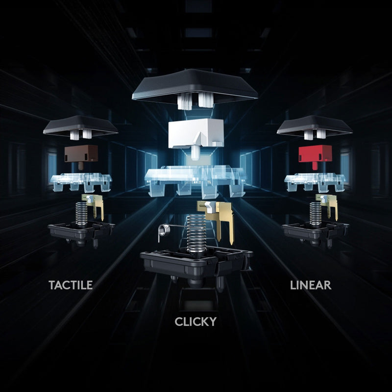 Exploded view of G915 TKL mechanical switch options showing internal mechanisms