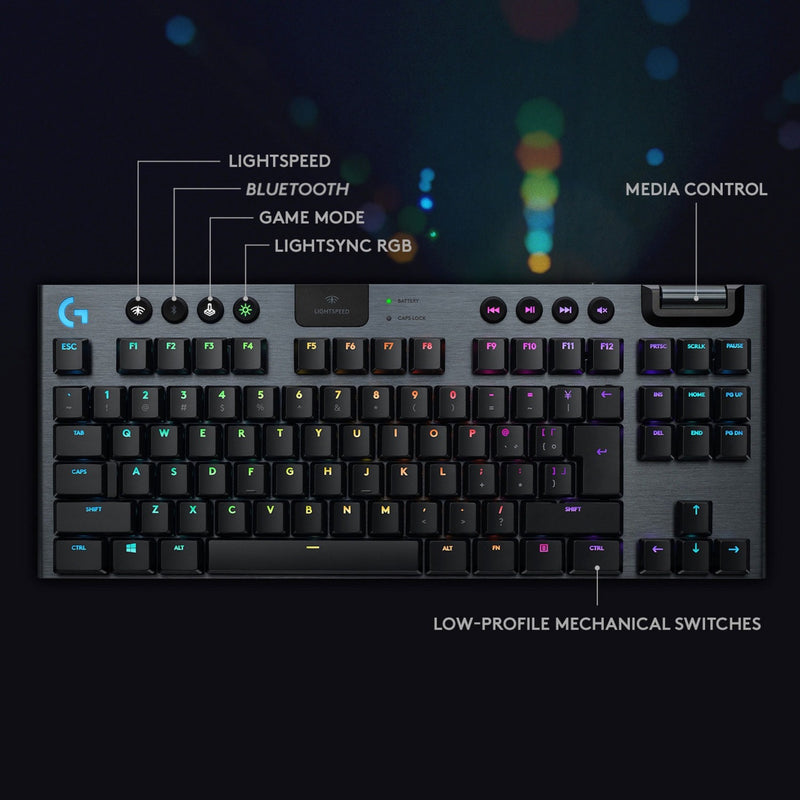 Top view of G915 TKL keyboard with labeled controls and features