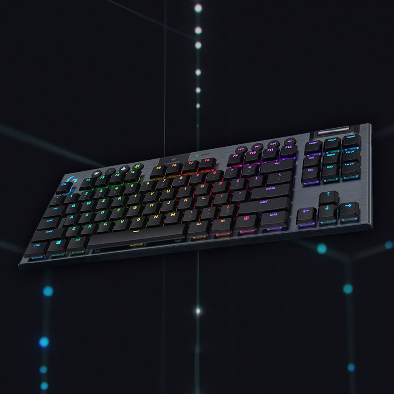 Angled view of G915 TKL keyboard highlighting its floating key design and slim profile