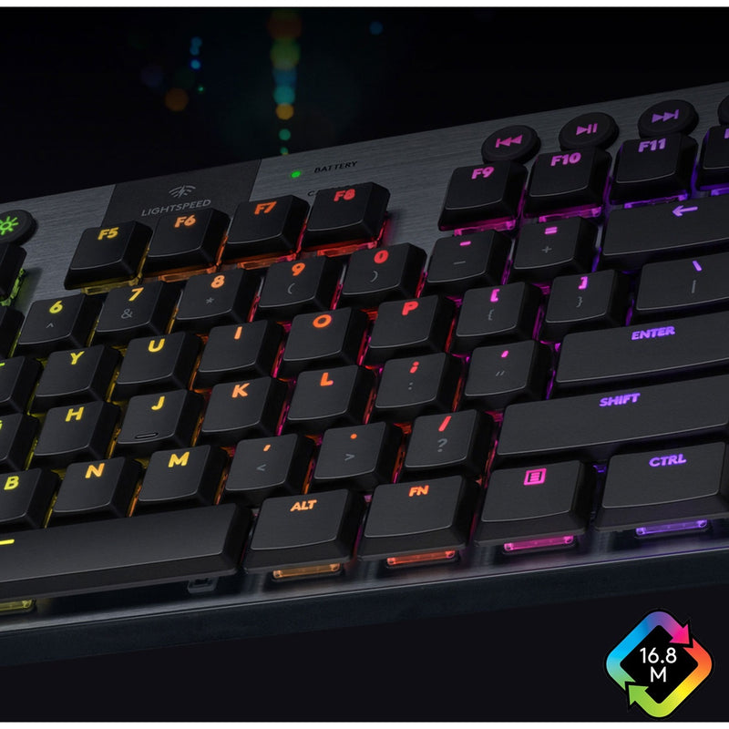 Close-up of G915 TKL keyboard RGB lighting effects with color spectrum indicator