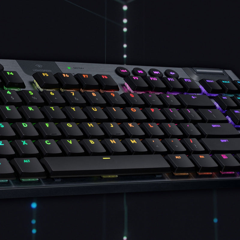 Close-up view of G915 TKL keyboard showing RGB lighting effects and low-profile keys