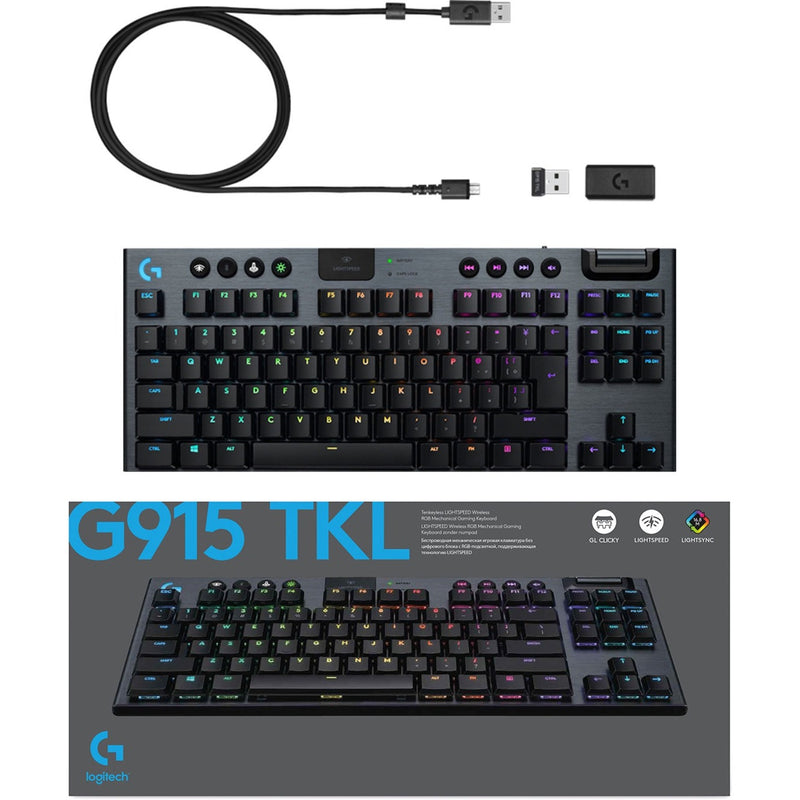 G915 TKL keyboard with included USB receiver and charging cable