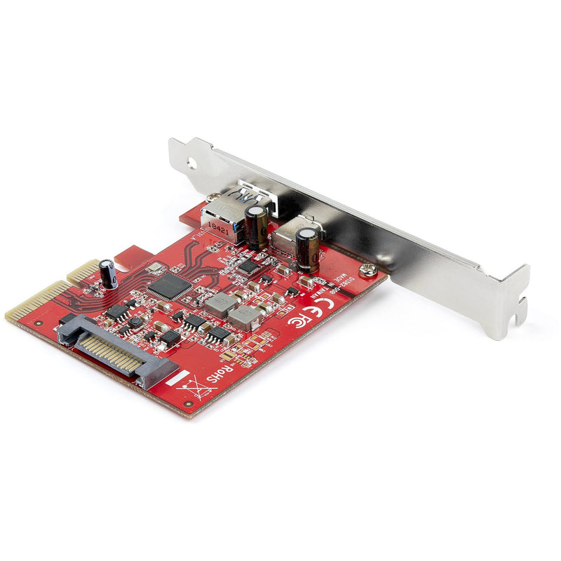 Angled view of StarTech.com USB 3.2 PCIe card showing power delivery components and SATA connector