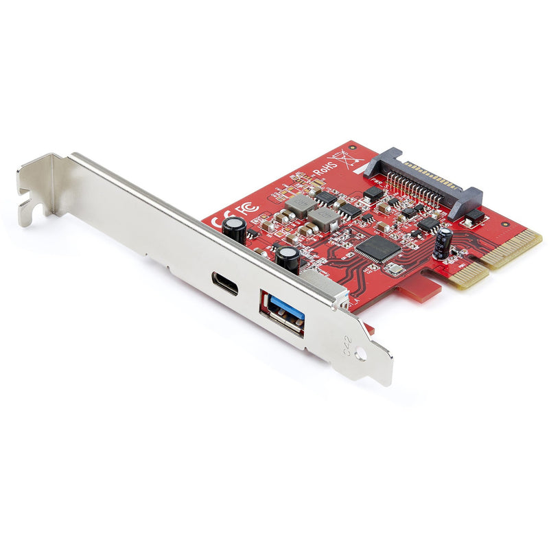 StarTech.com USB 3.2 PCIe card showing USB-C and USB-A ports on metal bracket with red circuit board