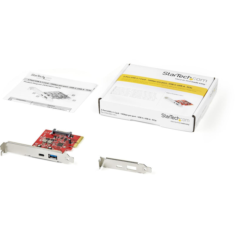 Product package contents showing StarTech.com USB 3.2 PCIe card, low-profile bracket, and installation guide