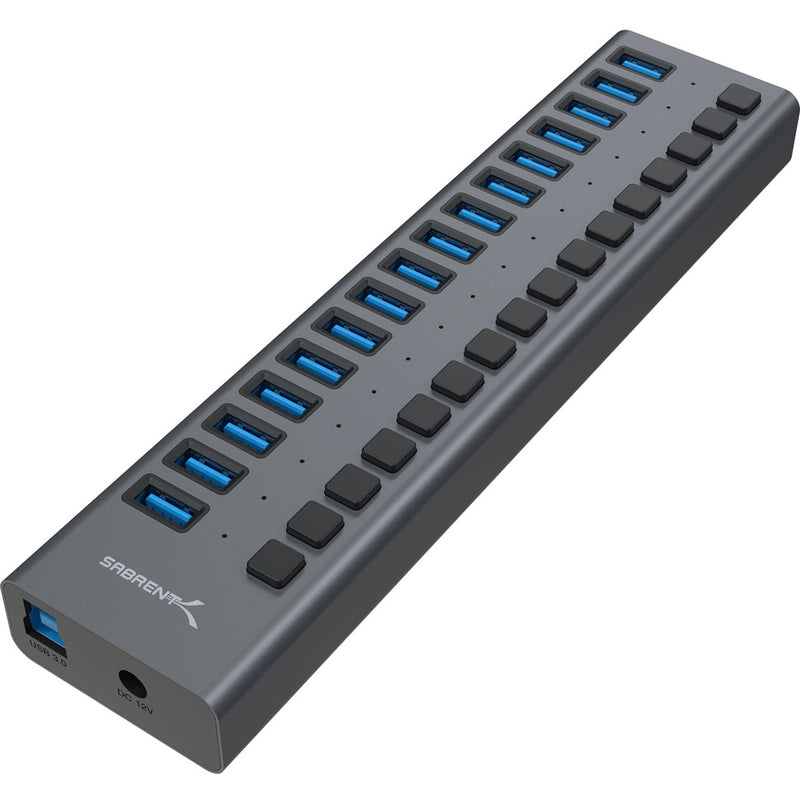 Sabrent 16-port USB 3.0 hub with individual power switches and blue LED indicators in sleek aluminum housing