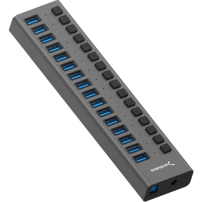 Angled view of Sabrent USB hub showing streamlined port layout and power switches