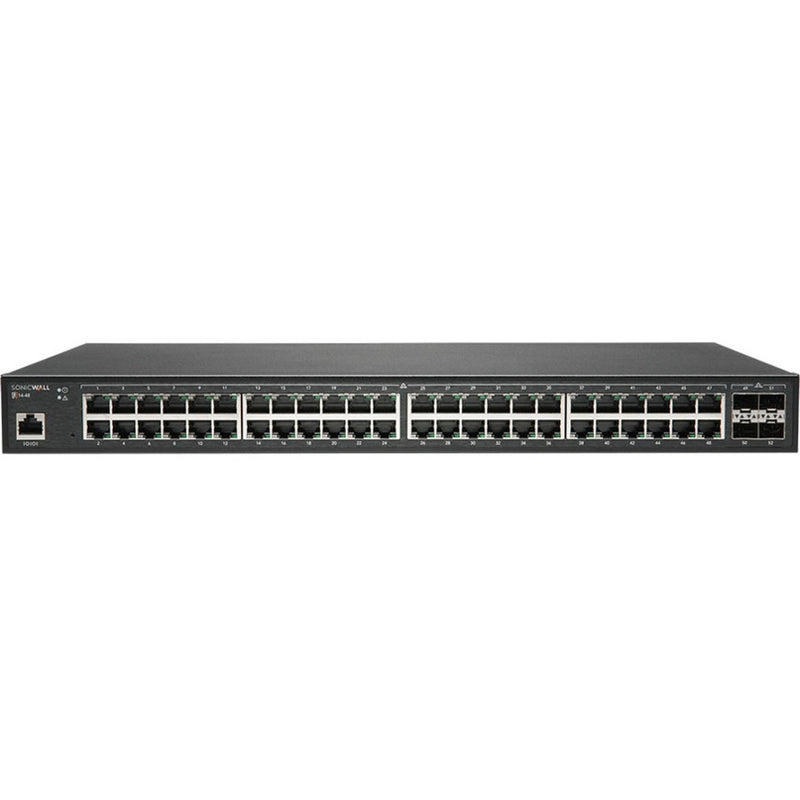 Front view of SonicWall SWS14-48 switch showing 48 Gigabit Ethernet ports, 4 SFP+ ports, and LED indicators in a 1U rack-mount chassis