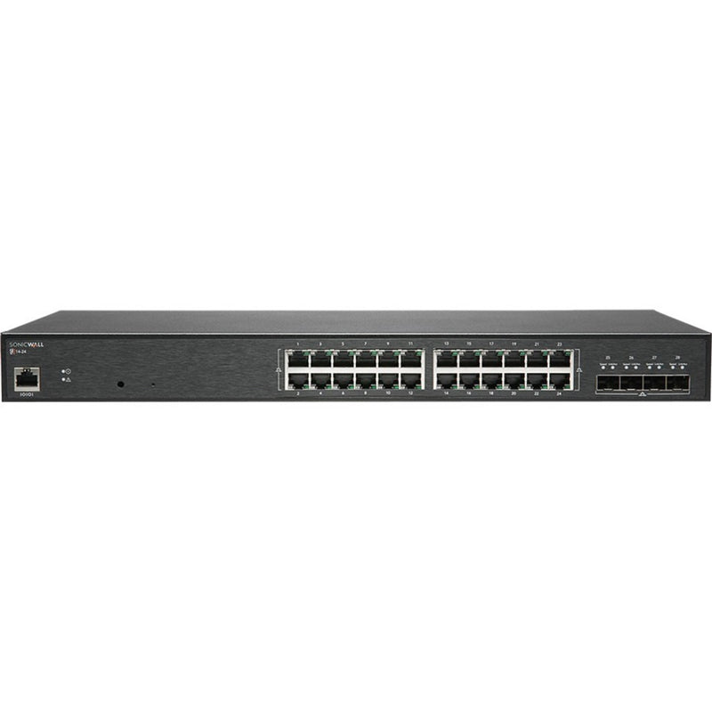 Front view of SonicWall SWS14-24 switch showing 24 Gigabit Ethernet ports and 4 SFP+ uplink slots in black metal chassis