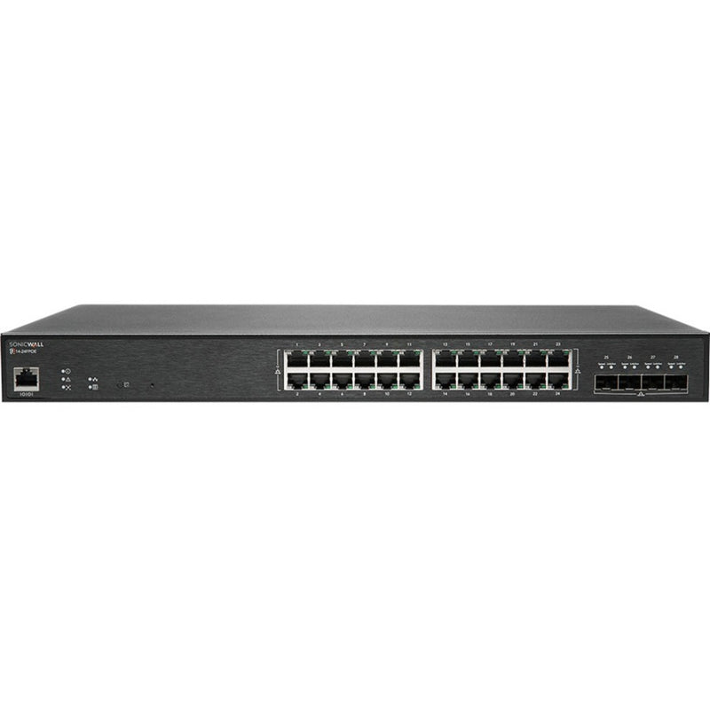 SonicWall SWS14-24FPOE 28-port managed network switch with 24 PoE ports and 4 SFP+ ports in black metal chassis