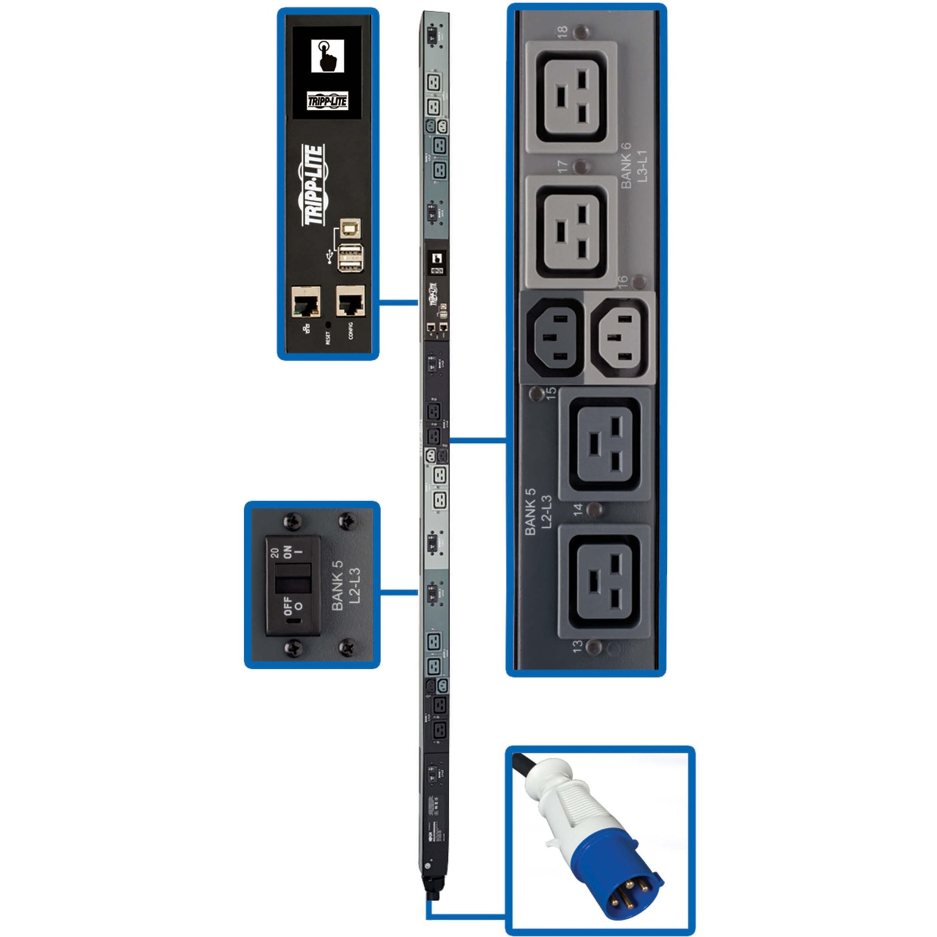 Detailed view of PDU3EVNR6G60A showing network interface, power outlets, and IEC 309 connector configuration-alternate-image1