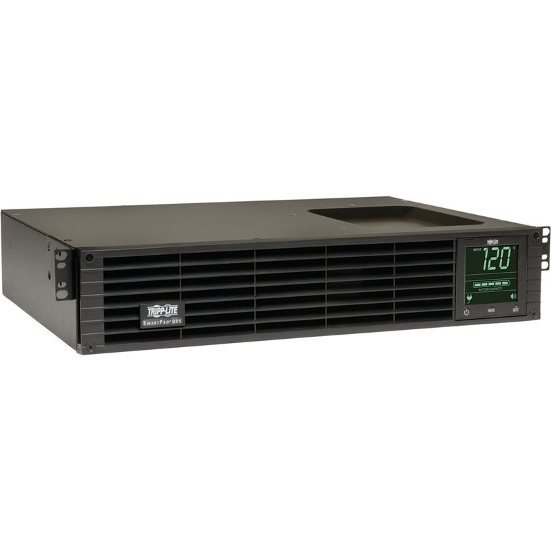 Tripp Lite SmartPro UPS 750VA rack-mount unit with LCD display showing 120V power reading